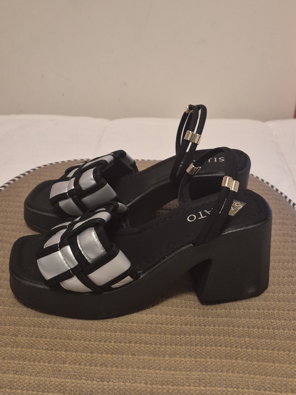 Black & White Woven Block Heel Slingback Sandal